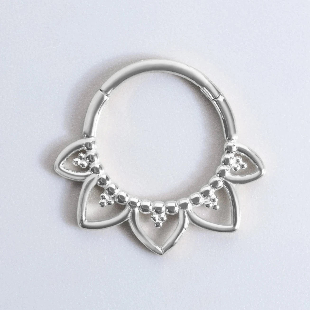Hinged Segment Ring Floral Face in Silver - Titanium - Camden Body Jewellery