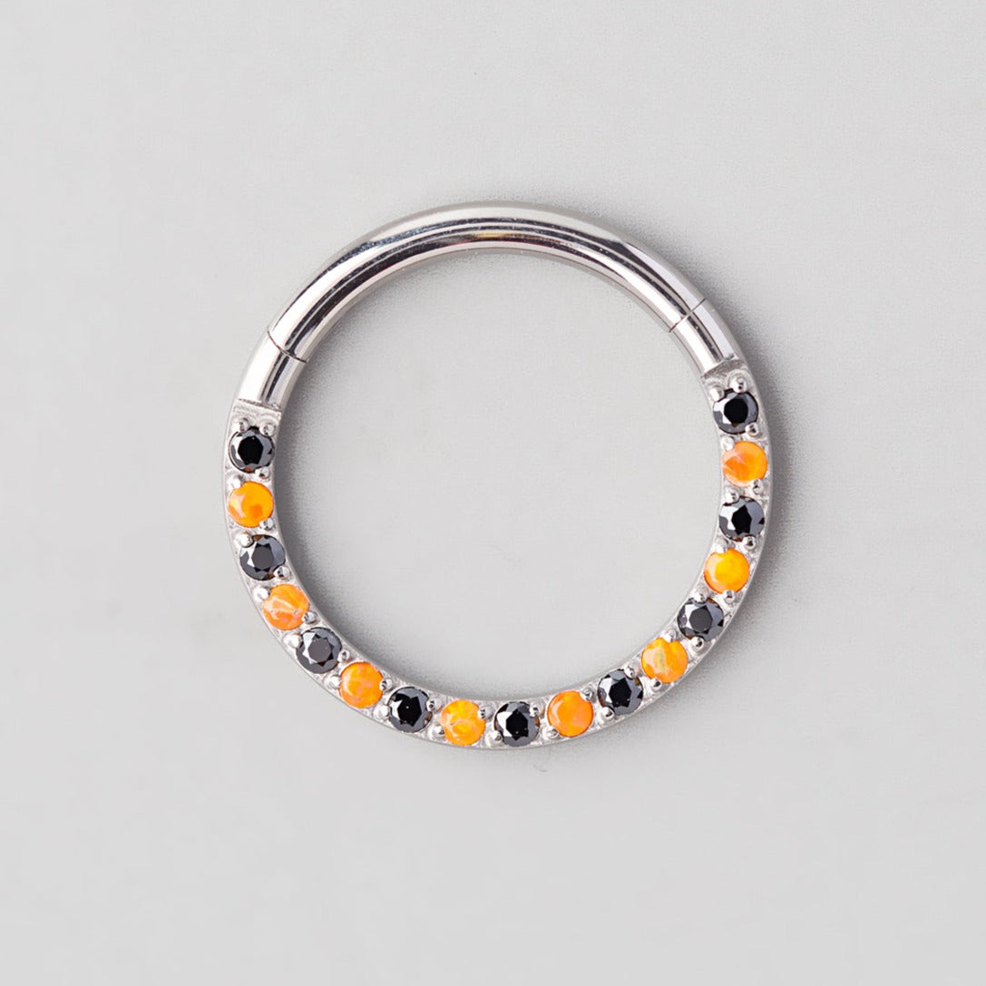 Hinged Segment Ring Front Face CZ in Black & Orange Opal - Titanium - Camden Body Jewellery