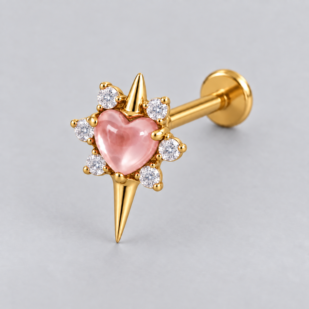 Star with Heart Centre Rose QZ Stone Labret in Gold - Titanium