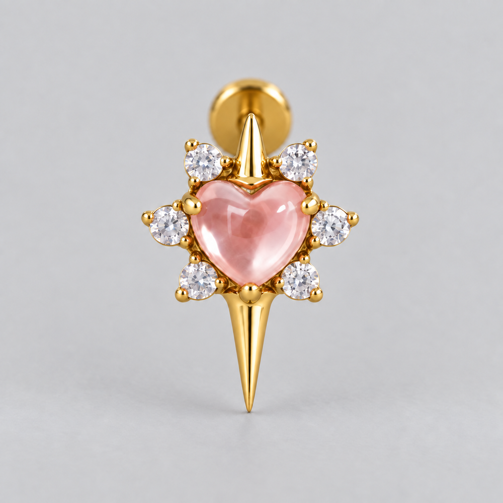 Star with Heart Centre Rose QZ Stone Labret in Gold - Titanium