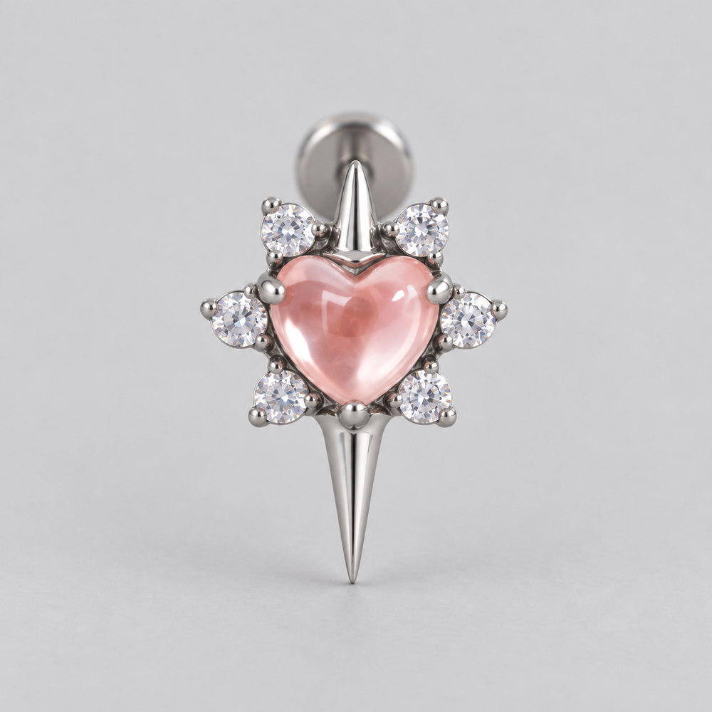 Star with Heart Centre Rose QZ Stone Labret in Silver - Titanium