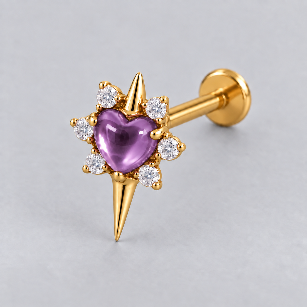 Star with Heart Centre Amethyst Stone Labret in Gold - Titanium - Camden Body Jewellery