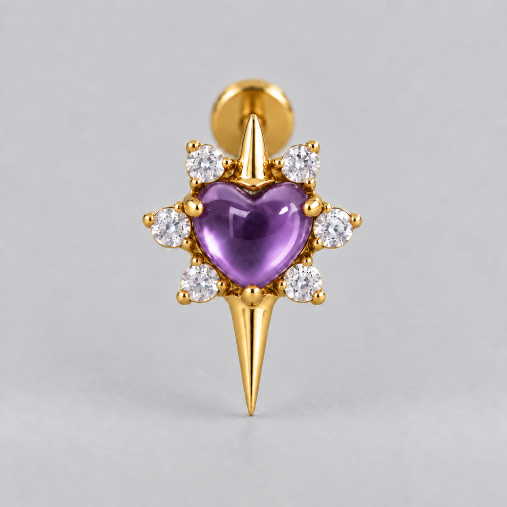Star with Heart Centre Amethyst Stone Labret in Gold - Titanium