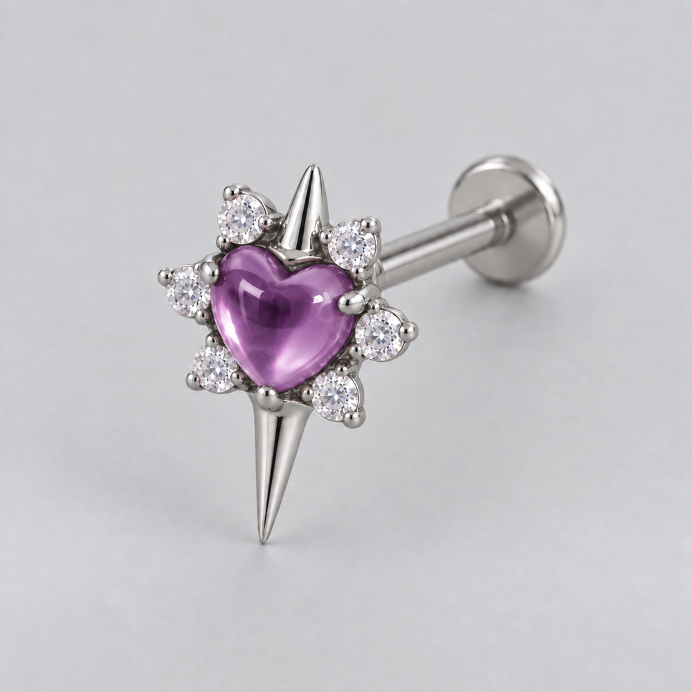 Star with Heart Centre Amethyst Stone Labret in Silver - Titanium