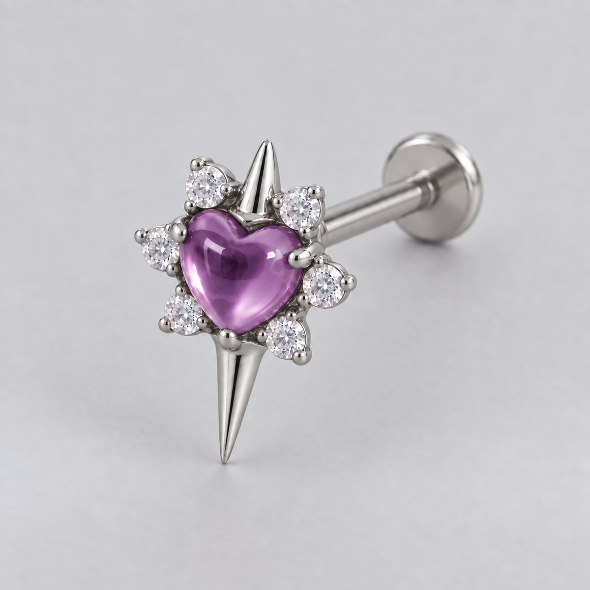 Star with Heart Centre Amethyst Stone Labret in Silver - Titanium - Camden Body Jewellery