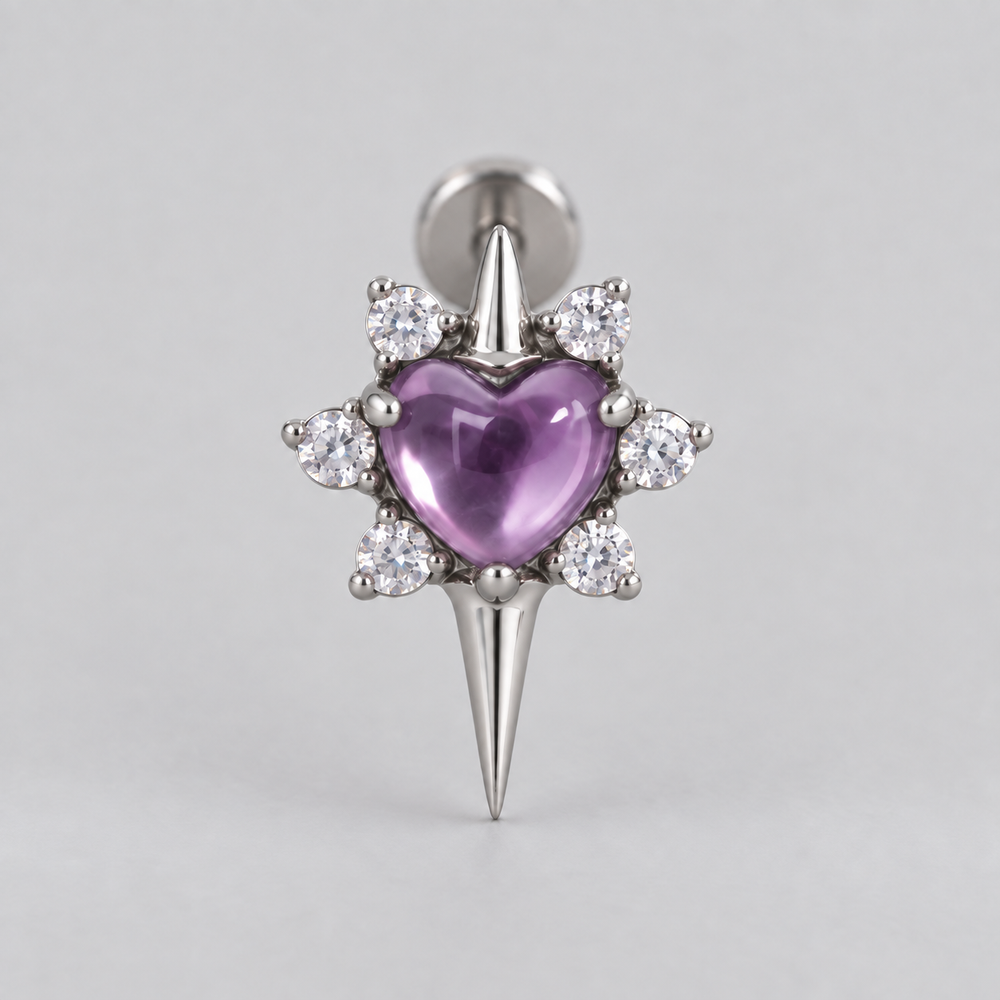Star with Heart Centre Amethyst Stone Labret in Silver - Titanium