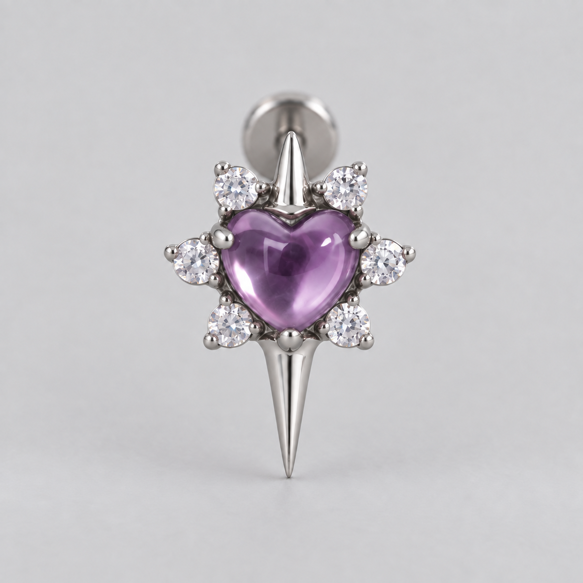 Star with Heart Centre Amethyst Stone Labret in Silver - Titanium - Camden Body Jewellery